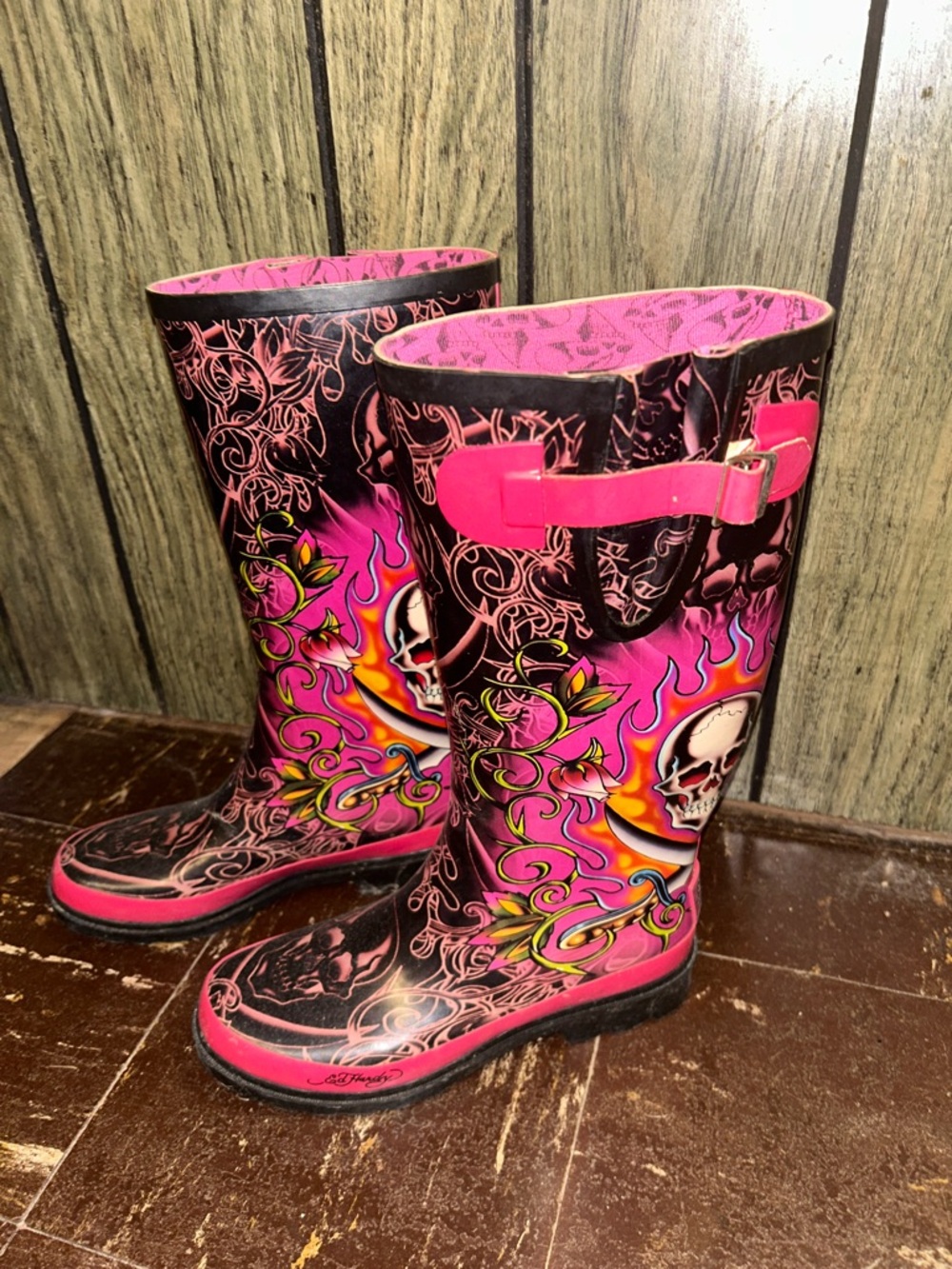 Ed Hardy Pink and Black Skull Print Rain Boots